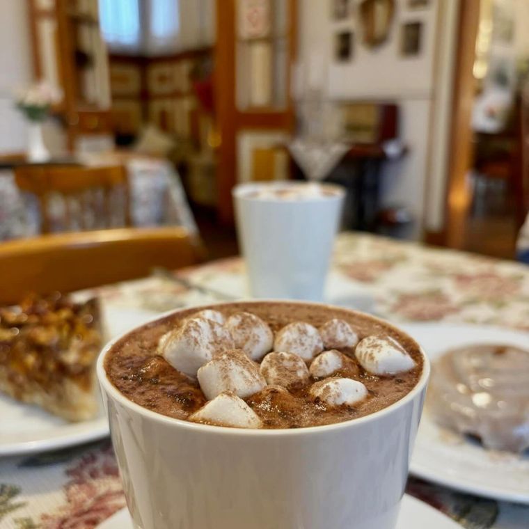 Taza de chocolate caliente con malvaviscos sobre mantel floreado.